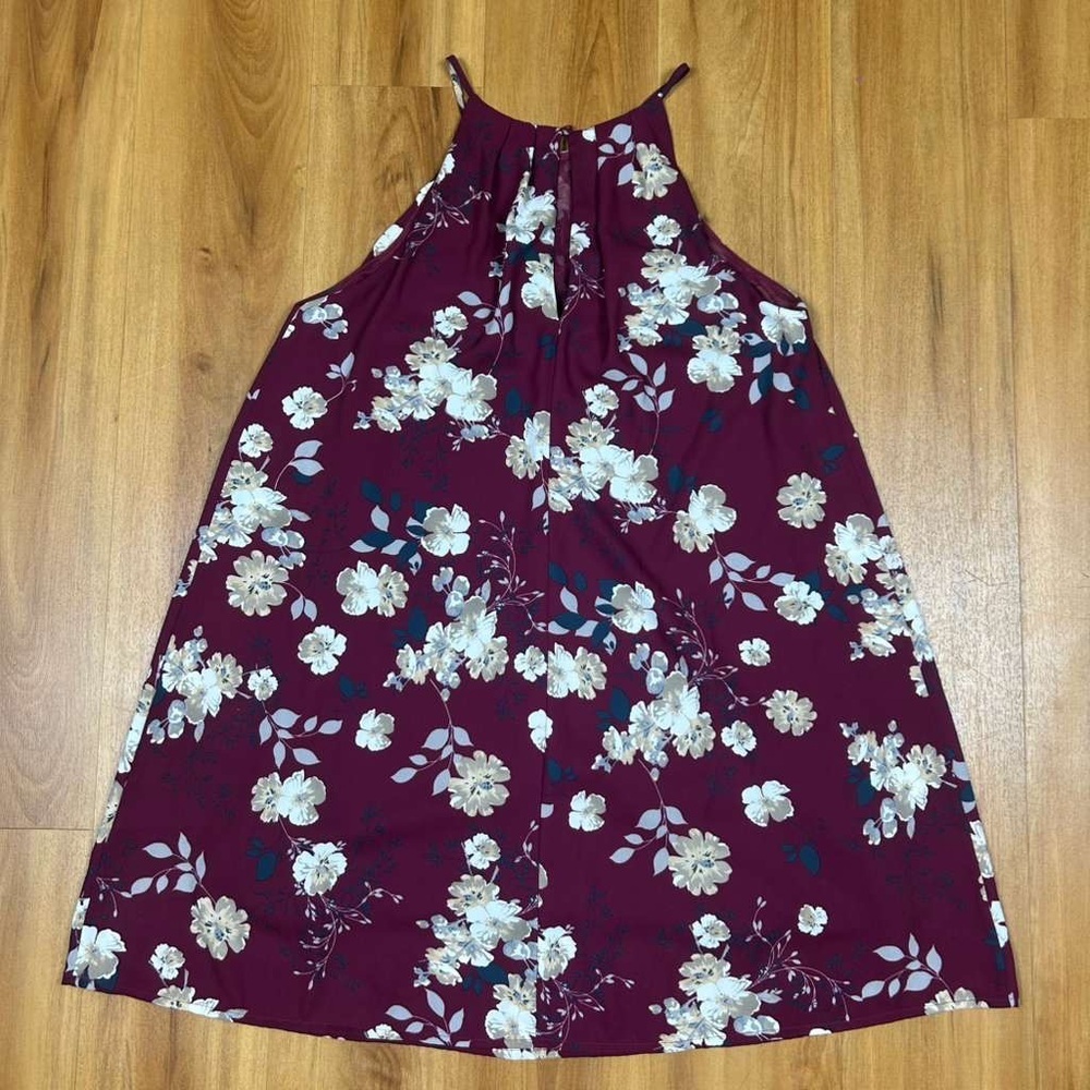 Lush Maroon Floral Mini Dress Women’s Size S - Sleeveless High Neck Swing Dress - Picture 2 of 8